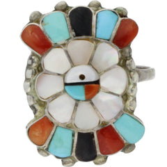 Zuni Handmade Turquoise, Coral & Onyx Sunface Ring - Size 8.5