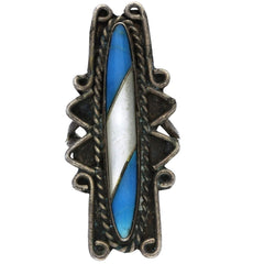 Zuni Handmade Turquoise & MOP Diagonal Stripe Inlay Ring - Size 6.75