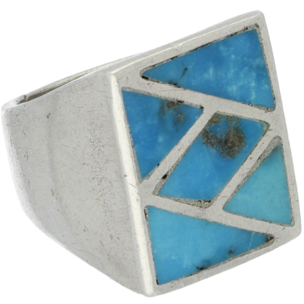 Navajo Handmade Geometric Turquoise Inlay Ring - Size 8