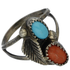 Navajo Handmade Turquoise & Coral Feather Midi Ring - Size 3.75