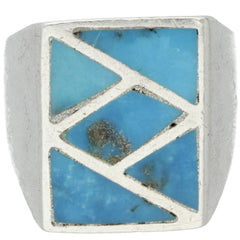 Navajo Handmade Geometric Turquoise Inlay Ring - Size 8