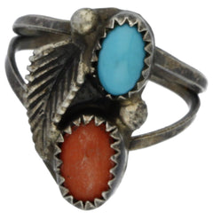 Navajo Handmade Turquoise & Coral Feather Midi Ring - Size 3.75