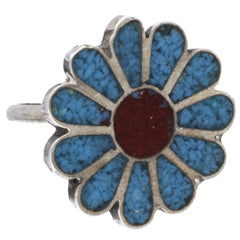 Zuni Crushed Turquoise & Coral Inlay Flower Ring - Size 5.5