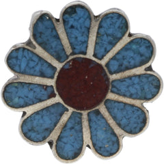 Zuni Crushed Turquoise & Coral Inlay Flower Ring - Size 5.5