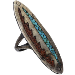 Zuni Elongated Crushed Turquoise & Coral Ring - Size 5.75