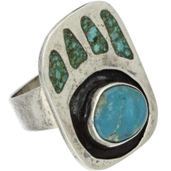 Navajo Handmade Handmade Turquoise Shadowbox Bear Print Ring - Size 8.5