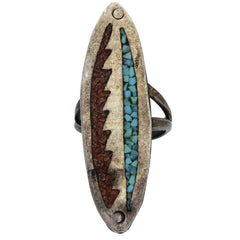 Zuni Elongated Crushed Turquoise & Coral Ring - Size 5.75