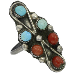 Zuni Handmade Elongated Turquoise & Coral Ring - Size 4.5