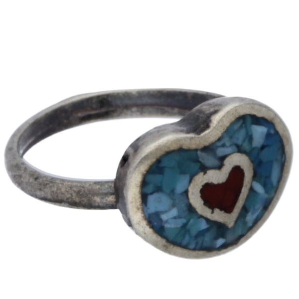 Zuni Handmade Coral & Crushed Turquoise Inlay Heart Midi Ring - Size 2.25