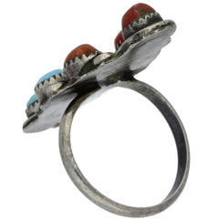 Zuni Handmade Elongated Turquoise & Coral Ring - Size 4.5