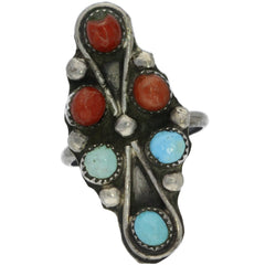 Zuni Handmade Elongated Turquoise & Coral Ring - Size 4.5