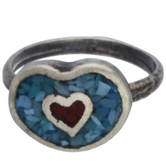 Zuni Handmade Coral & Crushed Turquoise Inlay Heart Midi Ring - Size 2.25