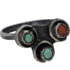 Zuni Turquoise & Coral Snake Eye Shadowbox Ring - Size 4