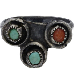 Zuni Turquoise & Coral Snake Eye Shadowbox Ring - Size 4