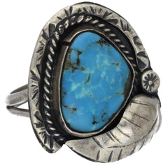 Navajo Handmade Braided Turquoise Leaf Ring - Size 6.75