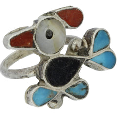 Zuni Handmade Turquoise, Coral & Onyx Thunderbird Midi Ring - Size 3