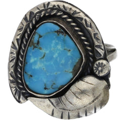 Navajo Handmade Braided Turquoise Leaf Ring - Size 6.75