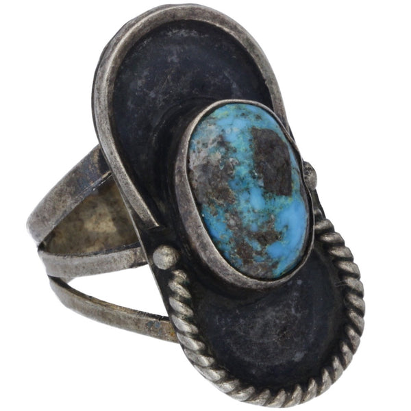 Navajo Handmade Half-Braided Elongated Turquoise Ring - Size 8.25