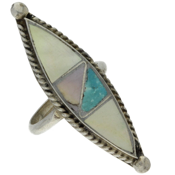 Zuni Handmade Elongated Turquoise & Mop Inlay Midi Ring - Size 2.75