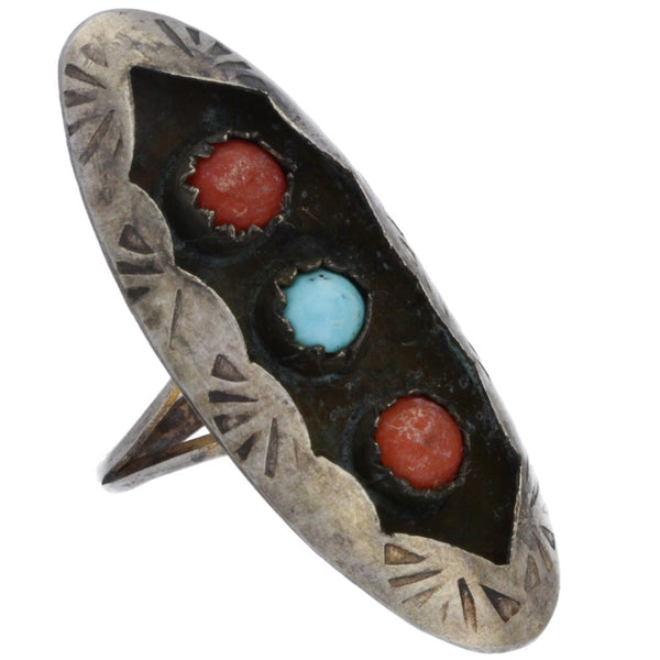 Navajo Hand-Punched Shadow Box Turquoise & Coral Ring - Size 5.5