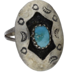 Navajo Hand-Stamped Turquoise Shadowbox Ring - Size 6