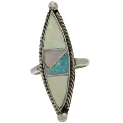 Zuni Handmade Elongated Turquoise & Mop Inlay Midi Ring - Size 2.75