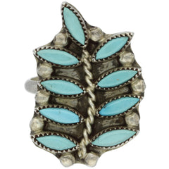 Zuni Handmade Petit Point Turquoise Leaves Ring - Size 7.75