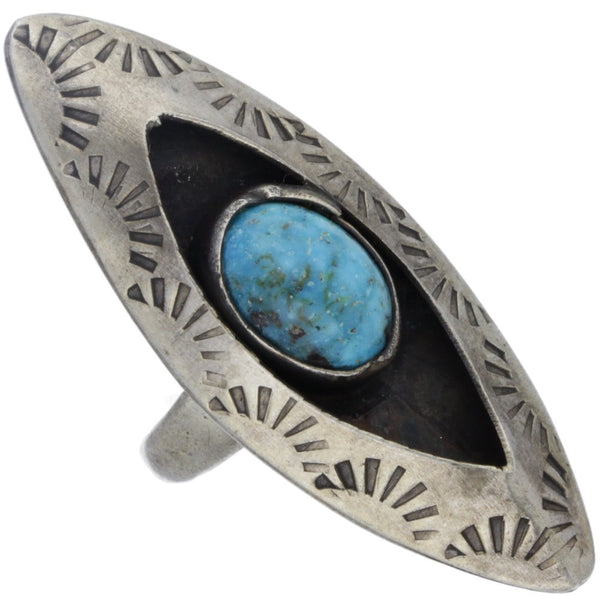 Navajo Hand-Punched Elongated Turquoise Shadow Box Ring - Size 4.25