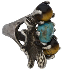 Navajo Handmade Abstract Turquoise & Tigers Eye Ring - Size 4.5