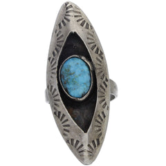 Navajo Hand-Punched Elongated Turquoise Shadow Box Ring - Size 4.25