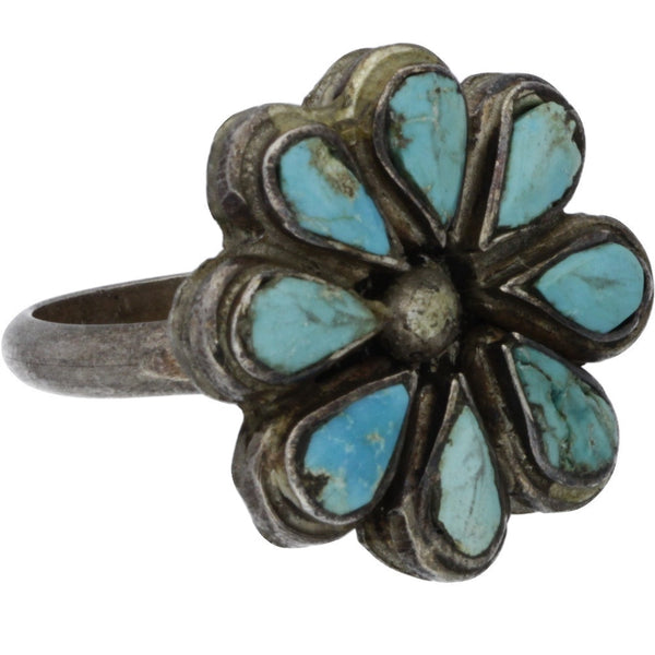 Navajo Handmade Turquoise Flower Ring - Size 7.75