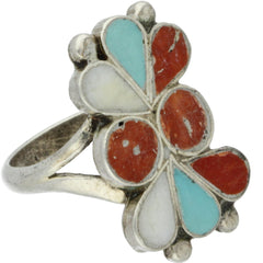 Zuni Handmade Turquoise, Coral & MOP Inlay Ring - Size 4.5