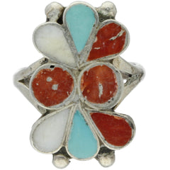 Zuni Handmade Turquoise, Coral & MOP Inlay Ring - Size 4.5