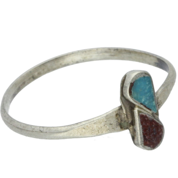 Zuni Handmade Turquoise & Coral Ring - Size 7