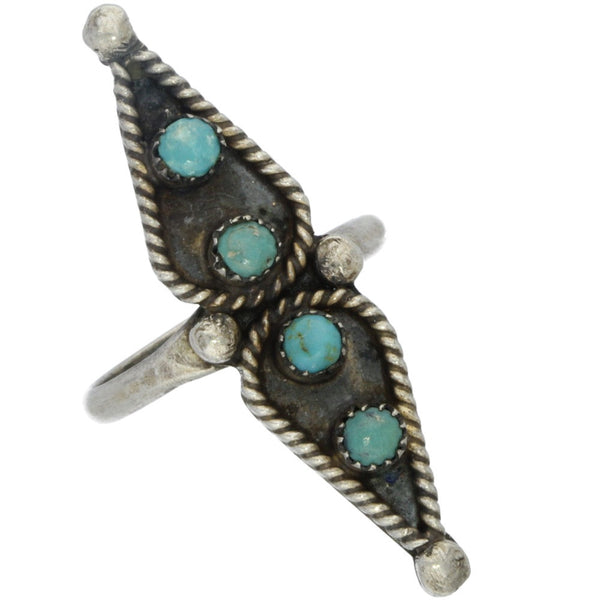 Zuni Handmade Elongated Snake Eye Turquoise Ring - Size 5.75