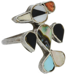 Zuni Handmade Turquoise, Onyx, MOP, Coral & Abalone Inlay Thunderbird Ring - Size 6