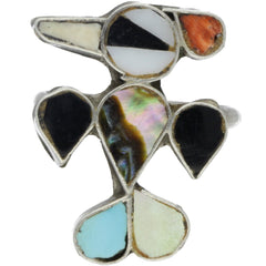 Zuni Handmade Turquoise, Onyx, MOP, Coral & Abalone Inlay Thunderbird Ring - Size 6