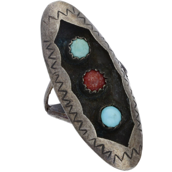 Zuni Turquoise & Coral Shadow Box Ring - Size 5.5