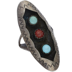 Zuni Turquoise & Coral Shadow Box Ring - Size 5.5