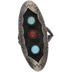 Zuni Turquoise & Coral Shadow Box Ring - Size 5.5