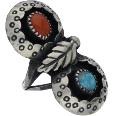 Navajo Turquoise & Coral Stacked Shadowbox Leaf Ring - Size 5