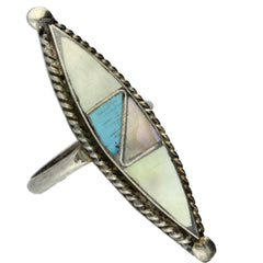 Zuni Handmade Elongated Turquoise & MOP Inlay Ring - Size 4