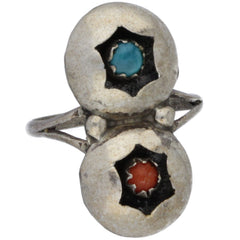 Zuni Turquoise & Coral Double Shadow Box Ring - Size 4.75