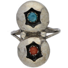 Zuni Turquoise & Coral Double Shadow Box Ring - Size 4.75