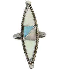 Zuni Handmade Elongated Turquoise & MOP Inlay Ring - Size 4