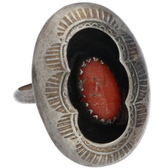 Navajo Hand-Punched Shadow Box Coral Ring - Size 5.5