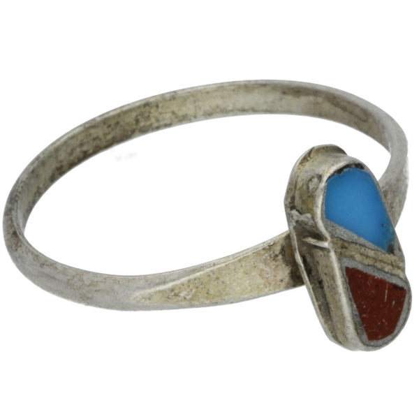 Zuni Handmade Turquoise & Coral Inlay Ring - Size 9.5