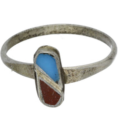 Zuni Handmade Turquoise & Coral Inlay Ring - Size 9.5