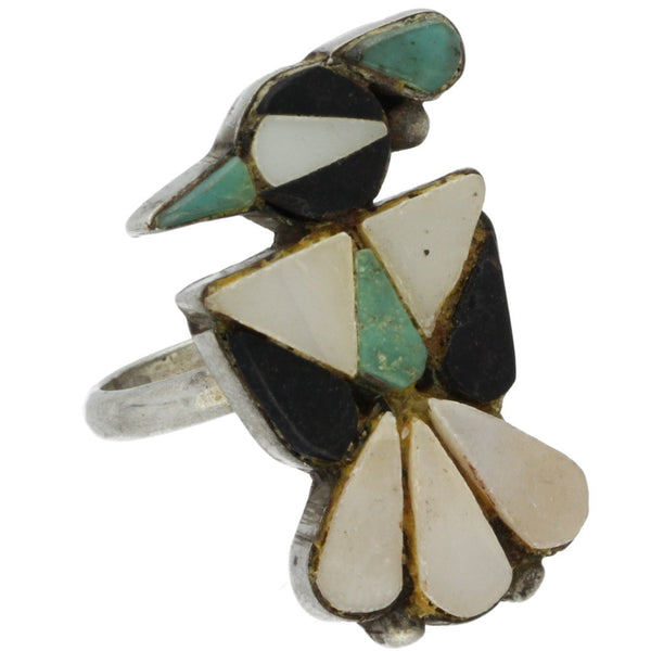 Zuni Handmade Turquoise, Onyx & MOP Inlay Thunderbird Ring - Size 6.5