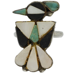 Zuni Handmade Turquoise, Onyx & MOP Inlay Thunderbird Ring - Size 6.5